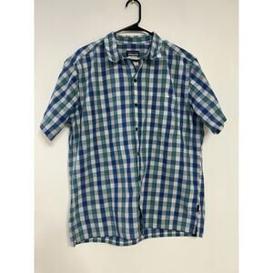 Patagonia Shirt Mens Green/Blue Plaid Button Up Organic Cotton Blend Outdoor